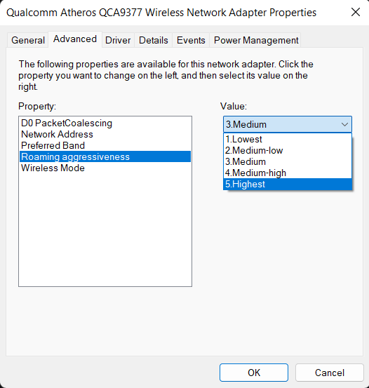 Установка Roaming Aggressiveness на Highest