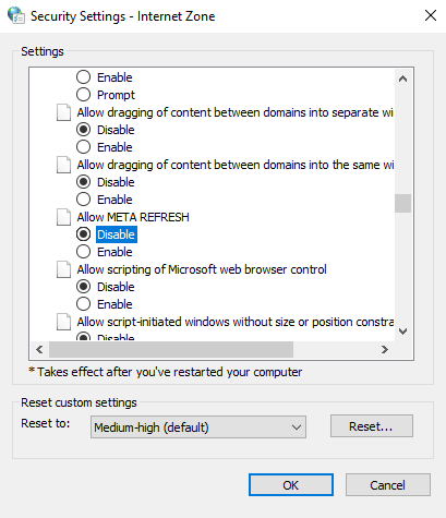 Параметр Allow META REFRESH в Internet Explorer