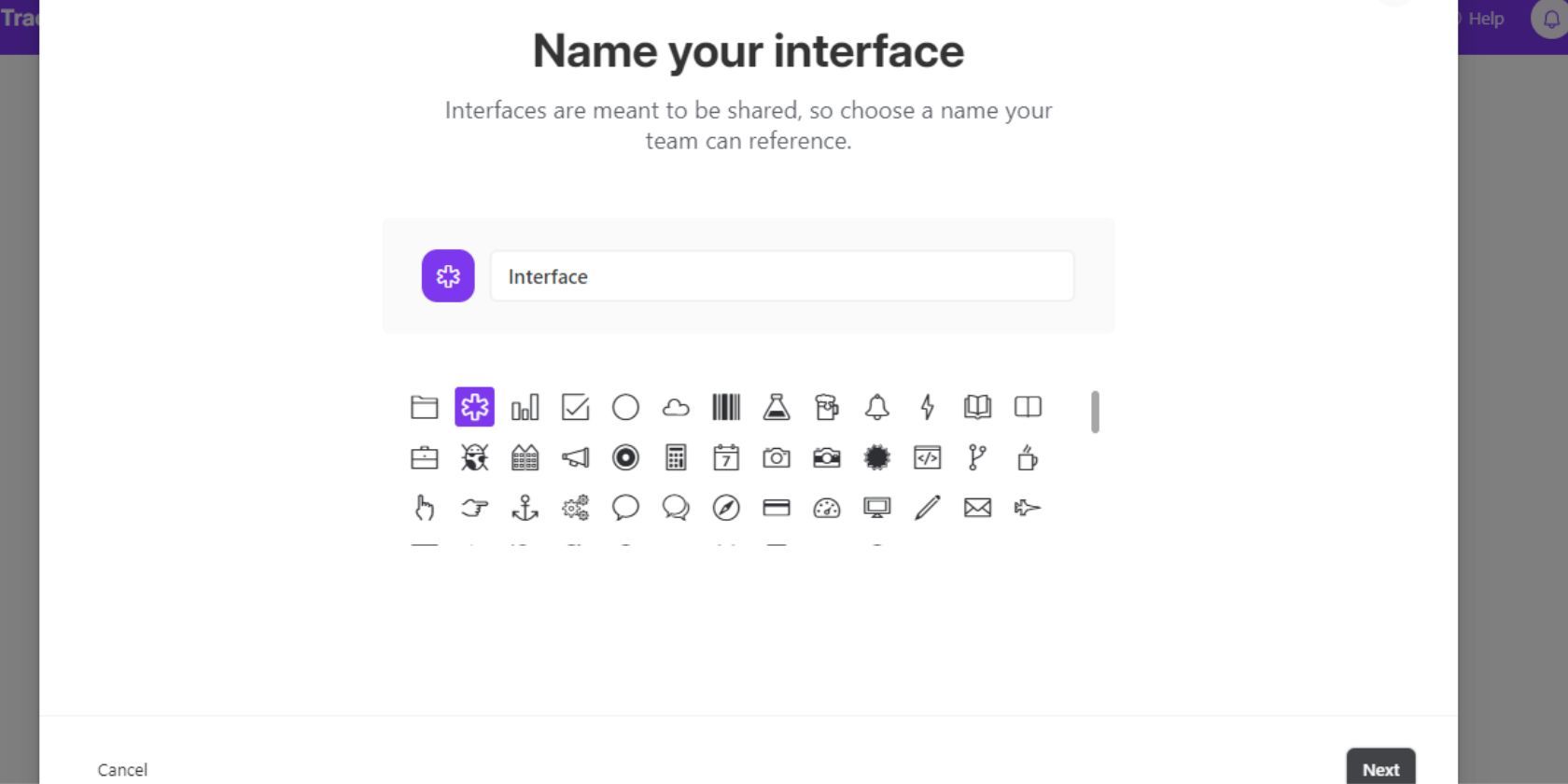 Скриншот Airtable: ввод названия интерфейса и выбор логотипа и цвета