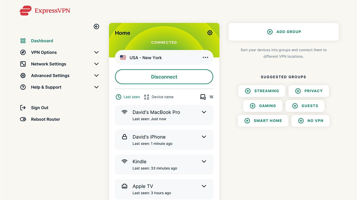 Интерфейс приложения ExpressVPN с разными функциями