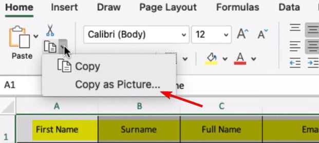 Параметр 'Копировать как рисунок' в Excel