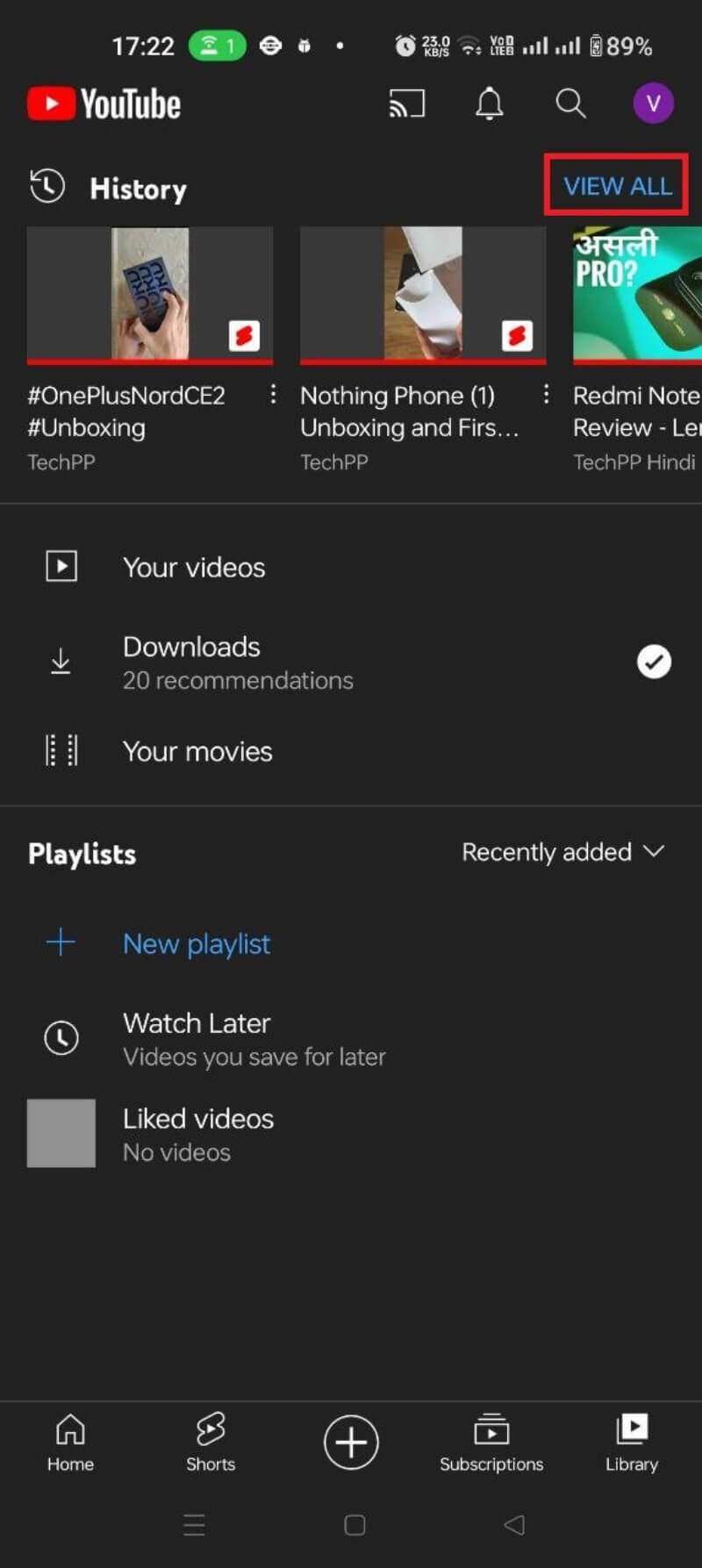 Снимок экрана: поиск по истории просмотров в приложении YouTube
