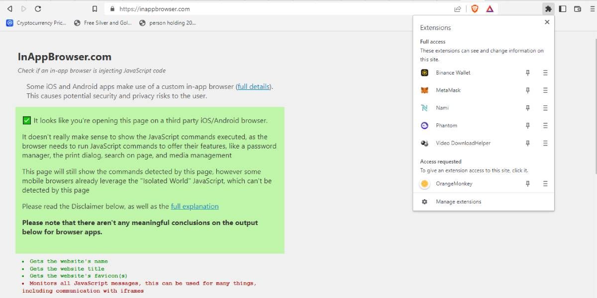 Скриншот списка расширений в браузере Brave