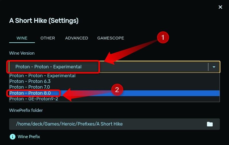 Выпадающее меню выбора Proton для игры в Heroic.