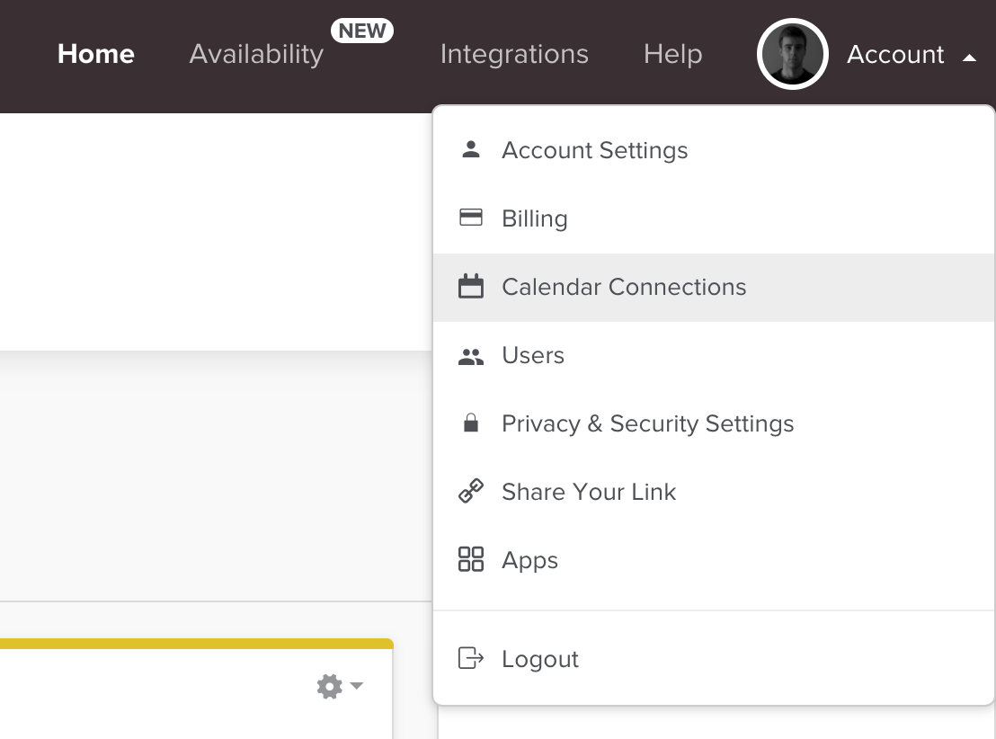 Перейдите в соединения календаря, нажимая на Аккаунт