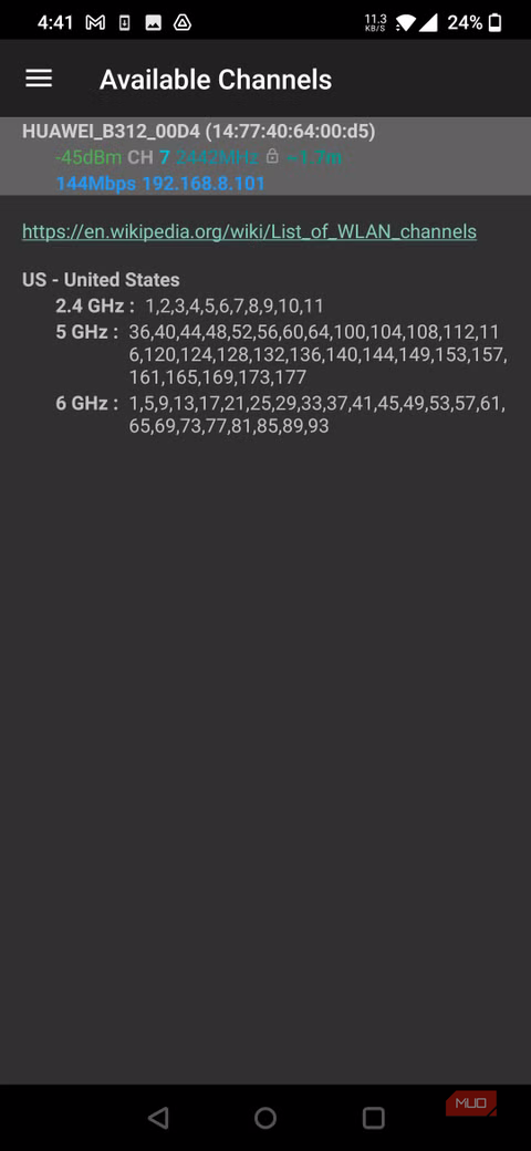 List of available Wi-Fi channels.
