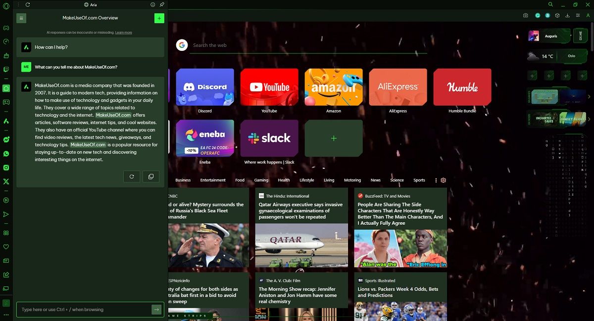 Интерфейс запроса Aria в Opera GX