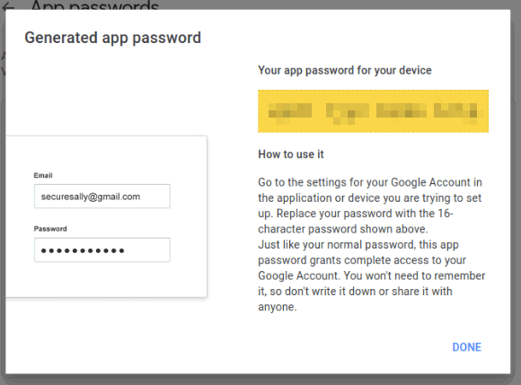 Окно с созданным паролем приложения для Gmail.