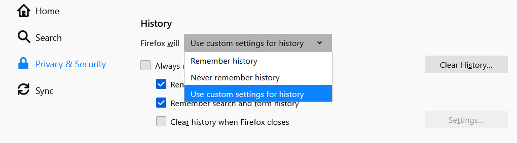 Настройки истории Firefox: выбор пользовательских параметров