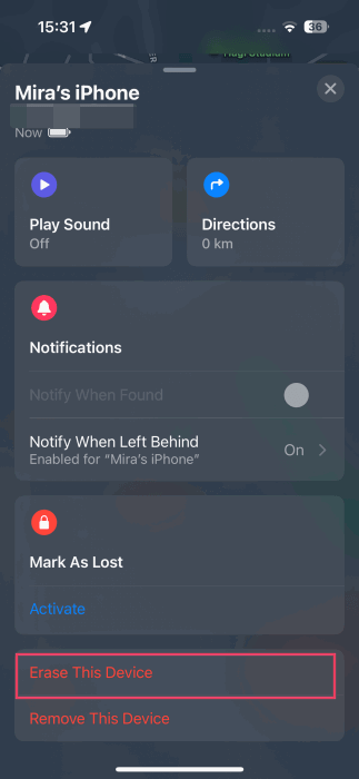 Опция Erase This Device в приложении Find My на iPhone