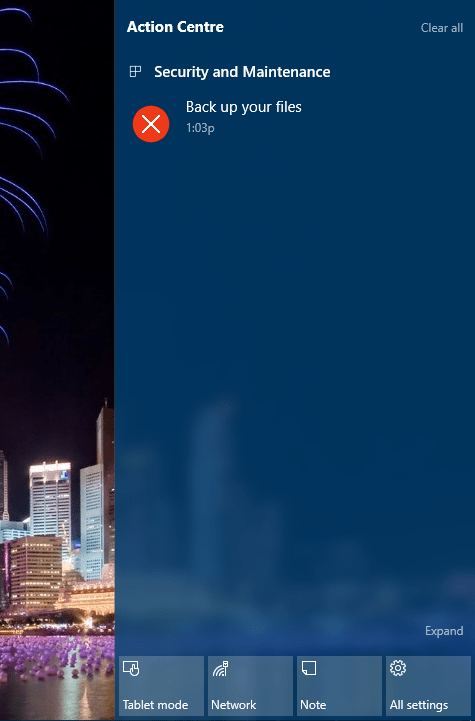 Центр уведомлений Windows — кнопка 'Режим планшета'