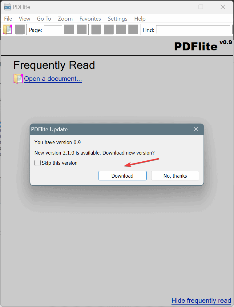 Finestra che mostra la disponibilità di un aggiornamento per PDFLite