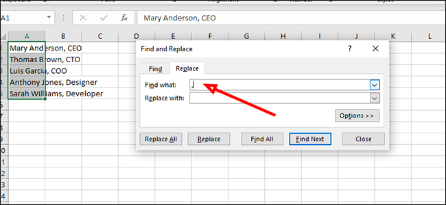 Поле Найти в диалоге замены