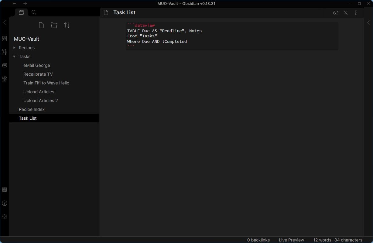 Показ дополнительных полей в таблице Dataview: Due и Notes