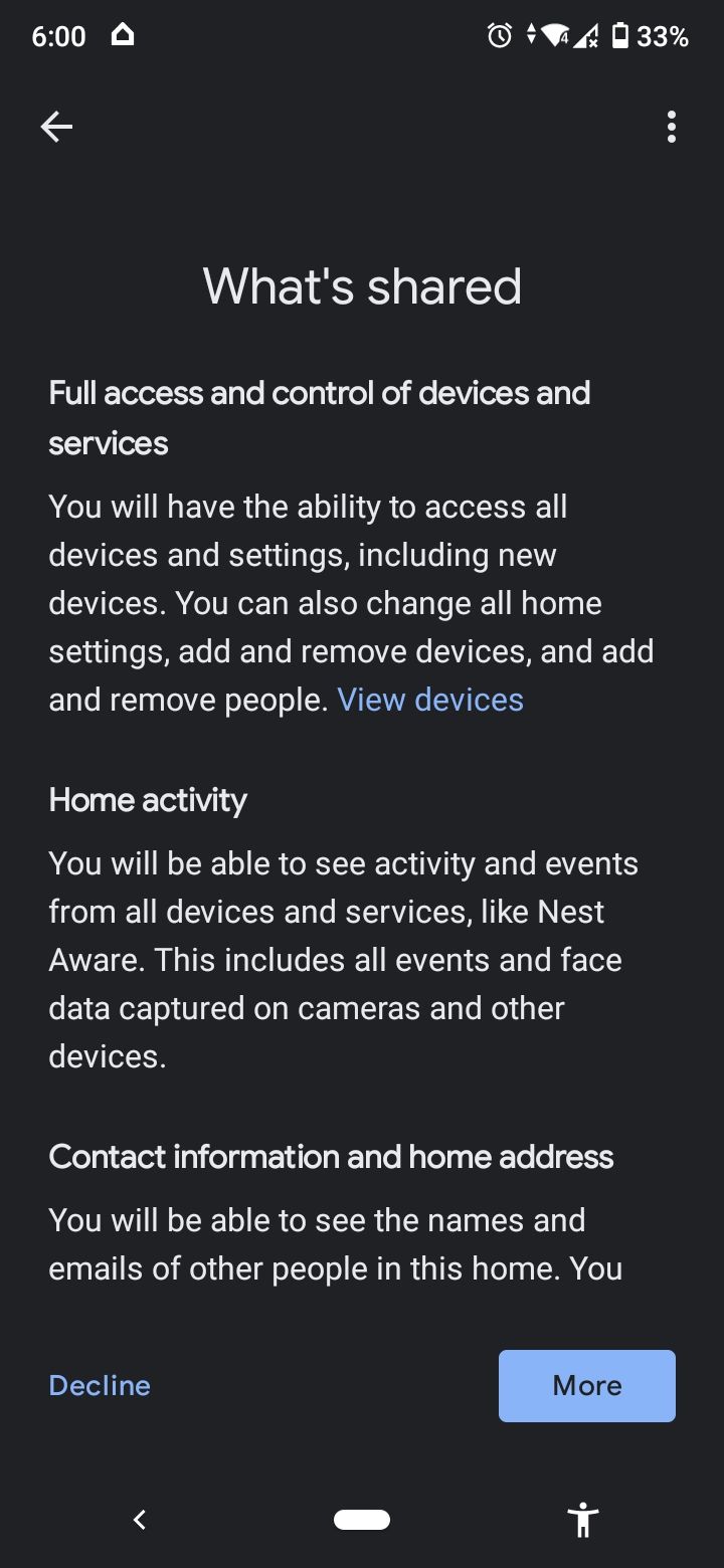 страница обзора прав доступа в Google Home
