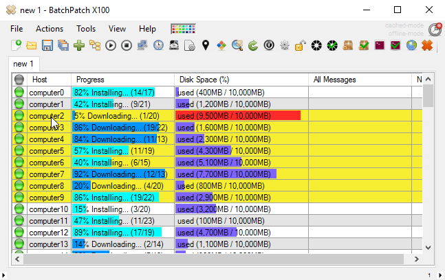 BatchPatch progress for each computer is shown in the grid.