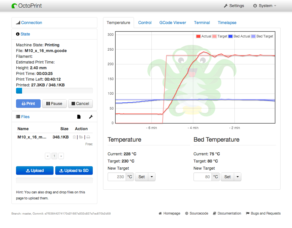 Octoprint start screen 