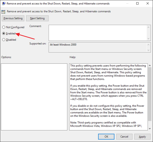 Включенная политика в редакторе групповой политики