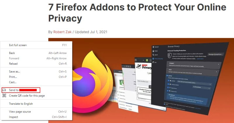 Отправить вкладку на устройство