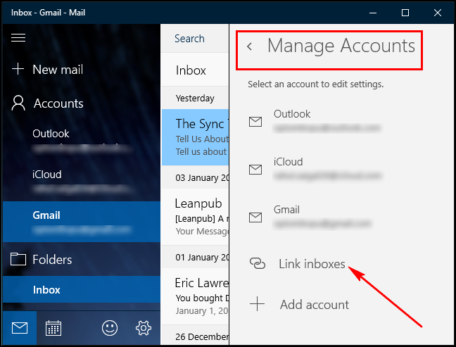 Параметры управления аккаунтами Windows 10 Mail