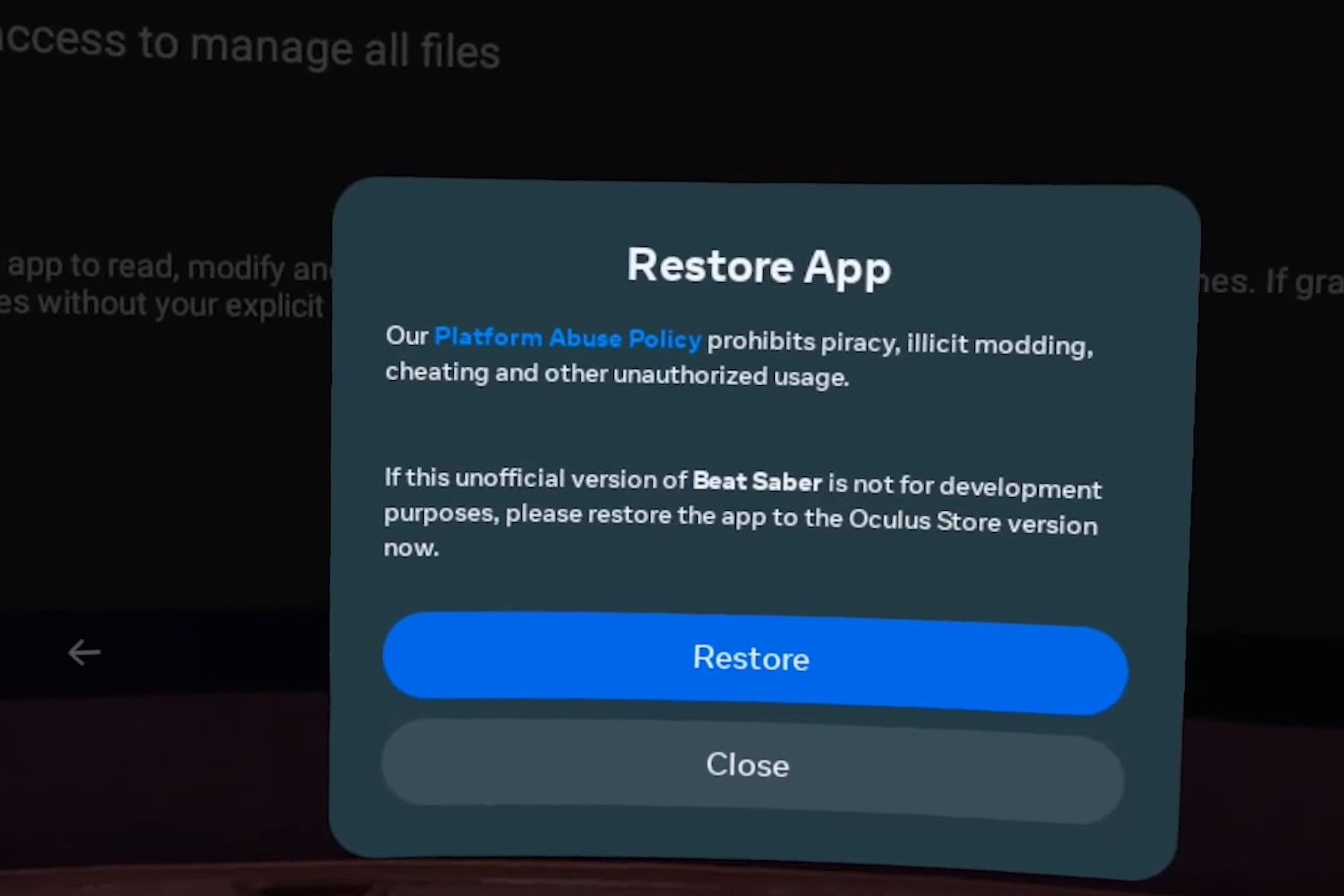 Не нажимайте Restore при моддинге Beat Saber