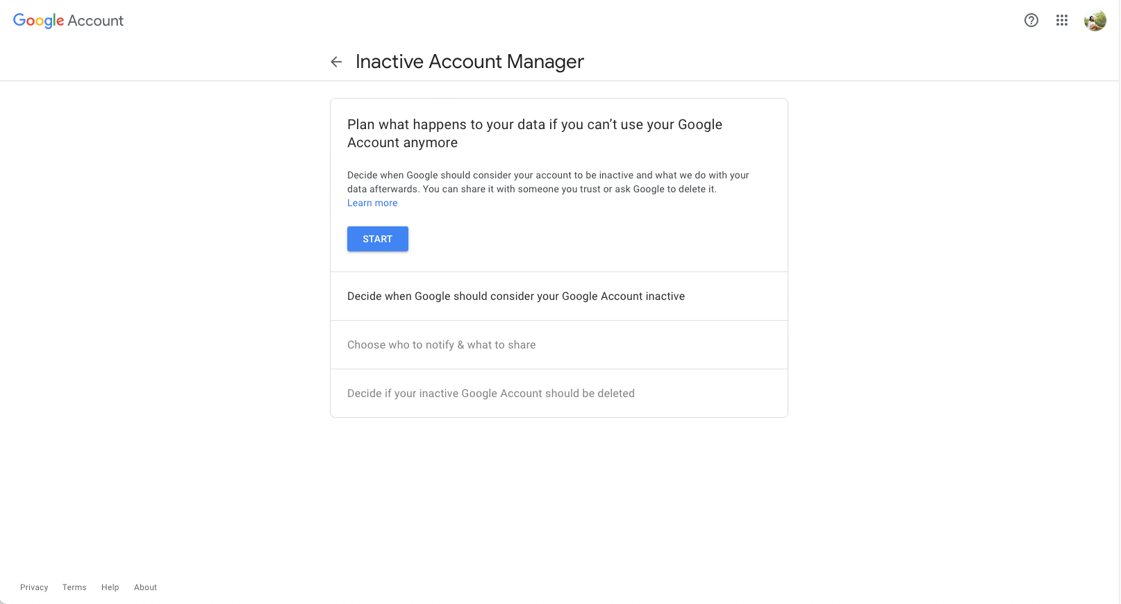 Диспетчер неактивного аккаунта Google