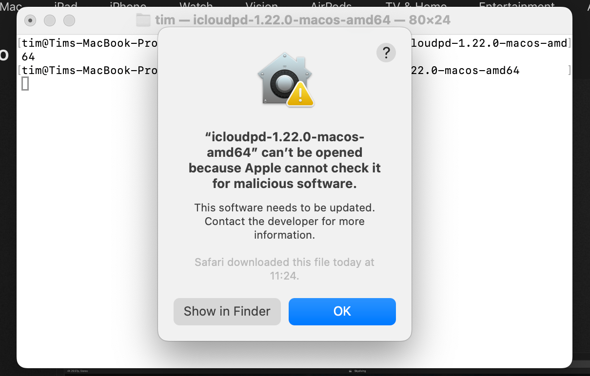 Запуск iCloud Photos Downloader в macOS Terminal.
