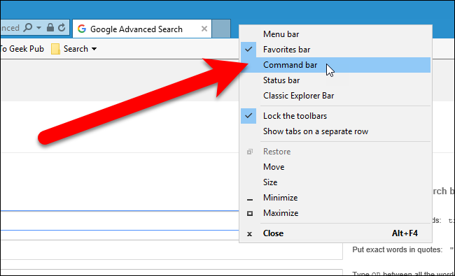 Щёлкните правой кнопкой по пустой области панели вкладок, затем включите «Command Bar».
