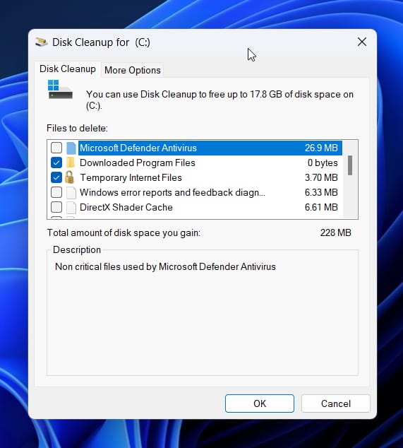 디스크 정리에서 Windows Update 정리 선택 화면