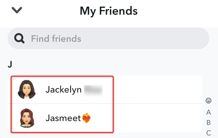 Список друзей на странице «Мои друзья» в Snapchat.