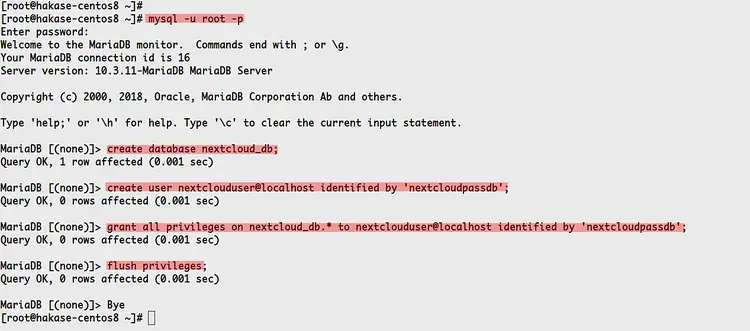 Создание базы данных для Nextcloud