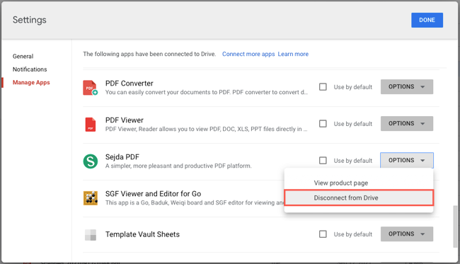 Отключить от Диска в меню Параметры приложения