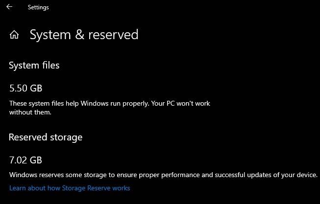 Интерфейс Windows с Reserved Storage