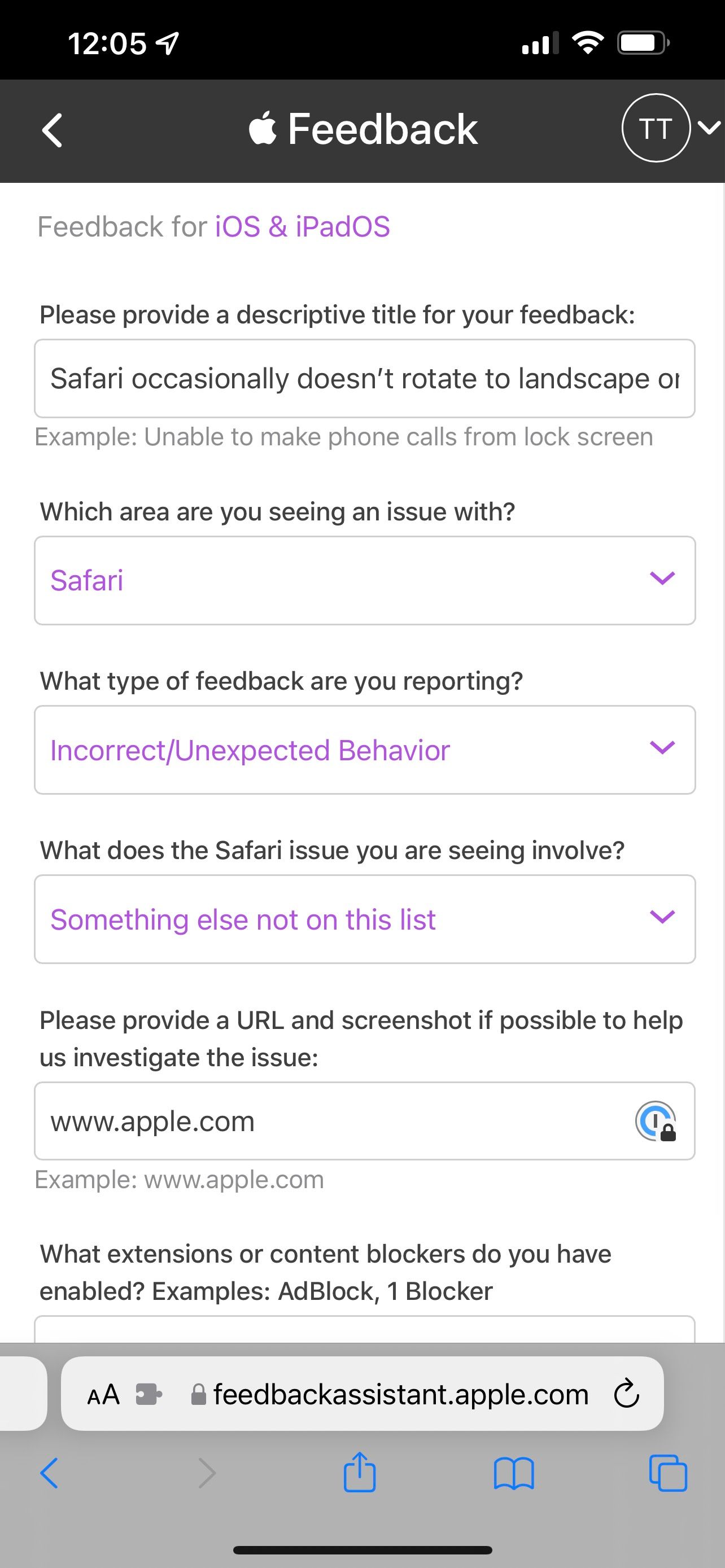 детали отчёта в веб‑Feedback Assistant