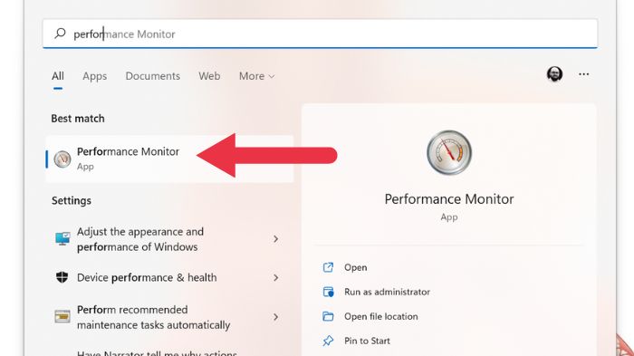 Поиск Performance Monitor в Пуске