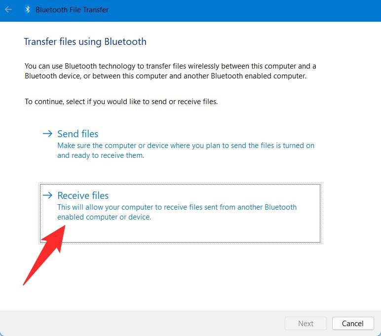 Процесс приёма файлов по Bluetooth на Windows 11