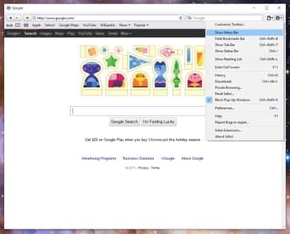 Скриншот: включение строки меню в Safari для Windows