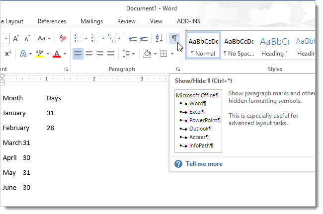 Показать непечатаемые знаки