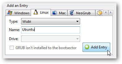Скриншот: добавление записи Ubuntu в EasyBCD