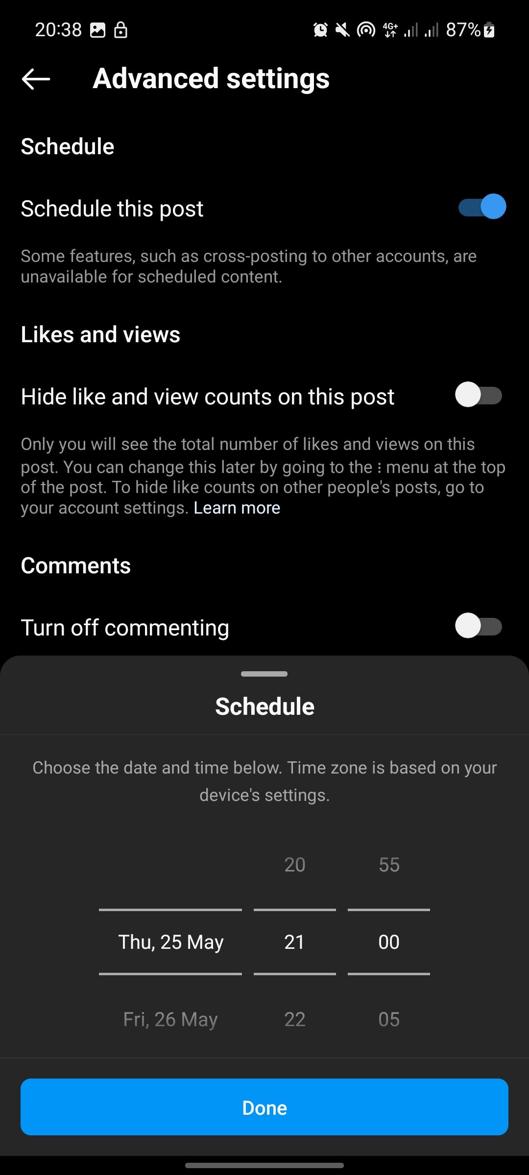 Выбор даты и времени для планирования публикации в Instagram