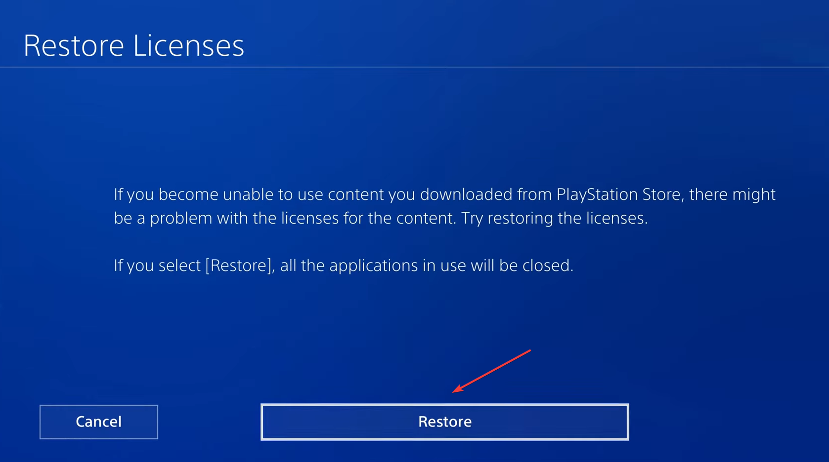 Кнопка подтверждения «Восстановить» лицензии на PS4