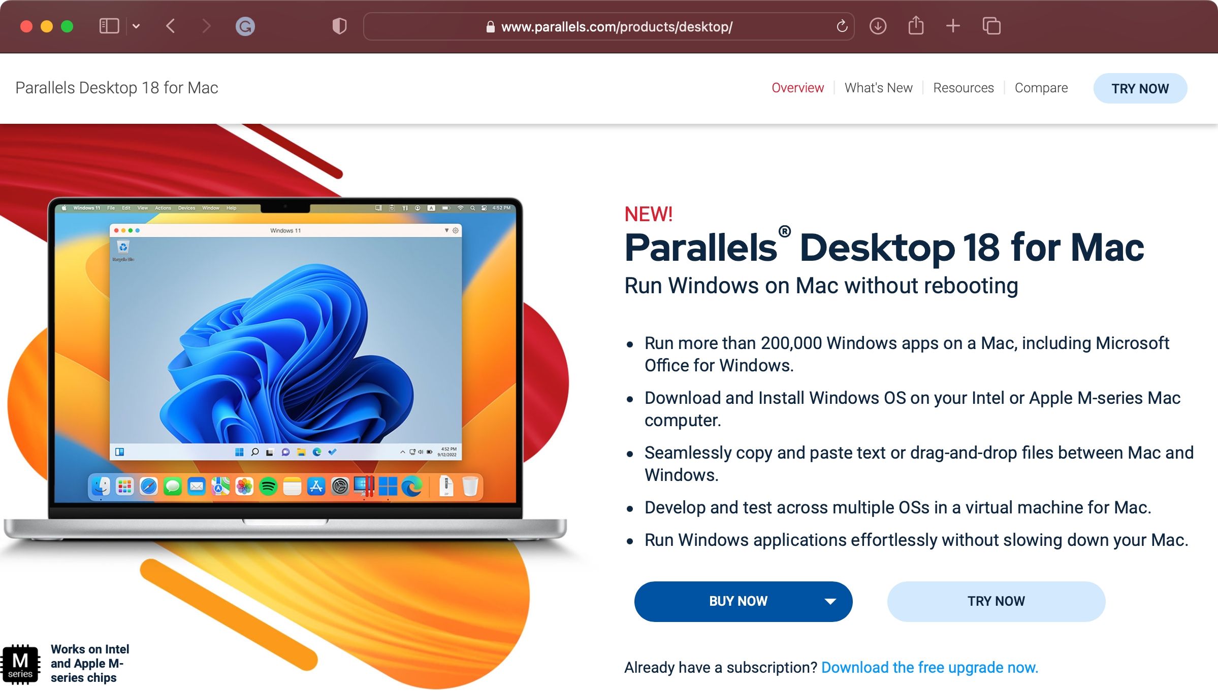 Сайт Parallels Desktop 18 с предложением скачать пробную версию