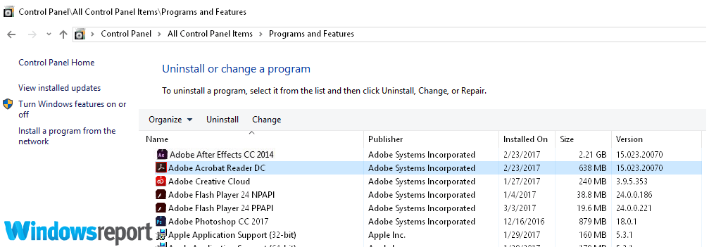 Список приложений в параметрах Windows