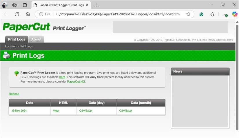 Страница PaperCut Print Logger в браузере