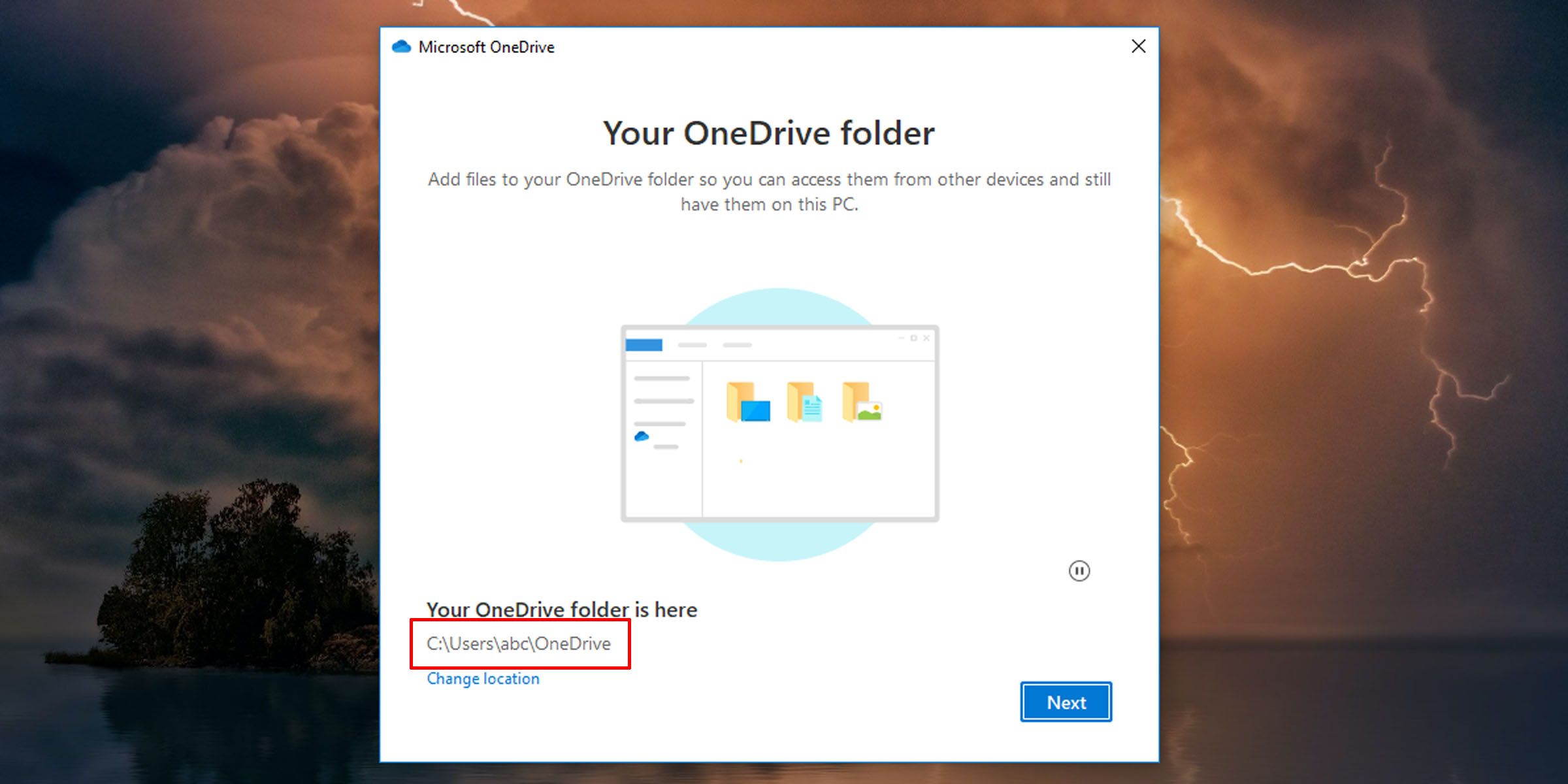 Выбор расположения папки OneDrive на ПК