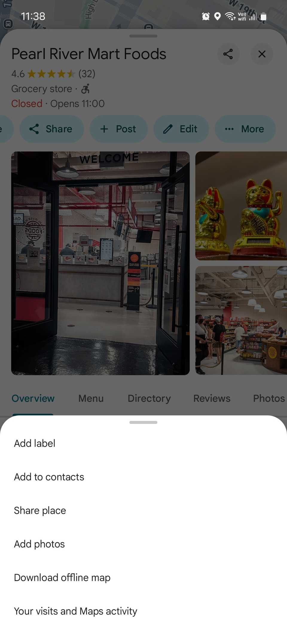 Опции места в Google Maps, включая пункт «Добавить метку»