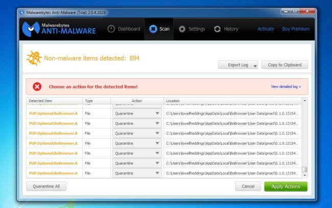 Скриншот интерфейса Malwarebytes после завершения сканирования