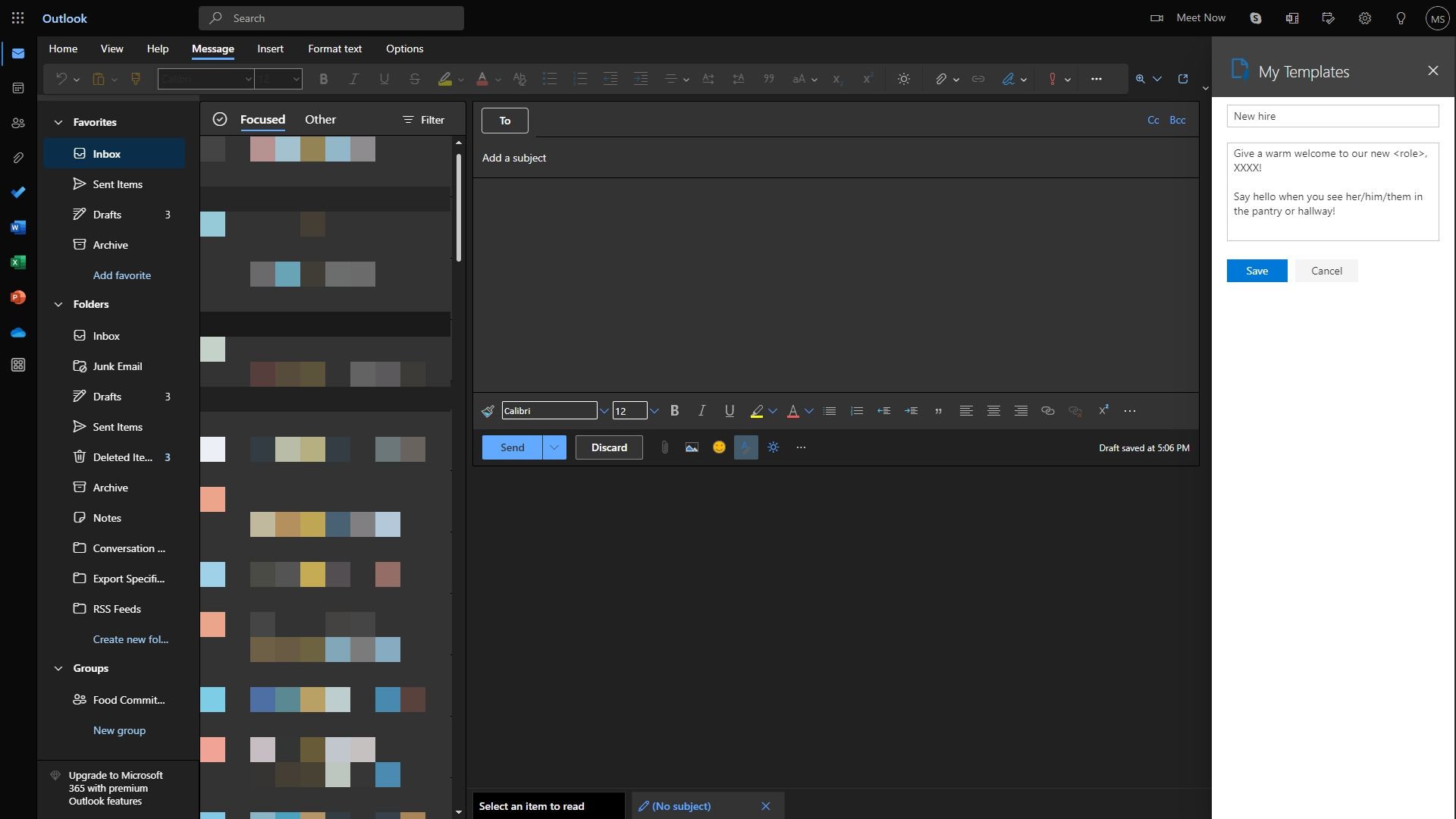Панель Мои шаблоны в Outlook веб