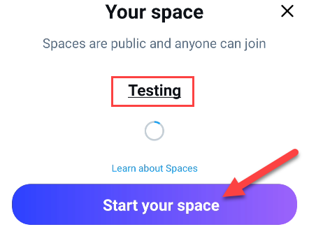 Окно создания Space: поле имени и кнопка «Start Your Space»