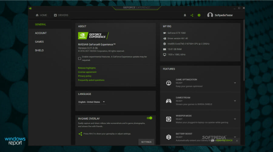 Главное окно GeForce Experience